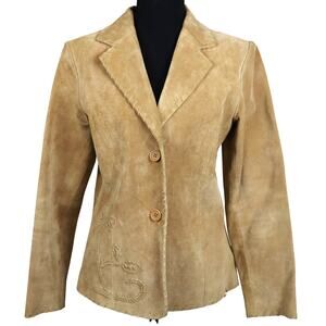 Vintage 90s Y2K Tan Suede Leather Jacket Womens Small 8 Embroidered Retro Boho